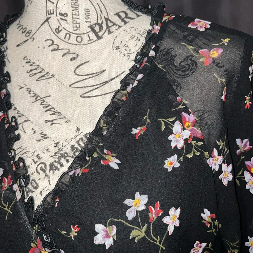 Madewell Black Floral Smocked Waist  Midi Dress/Size Large - Picture 4 of 11